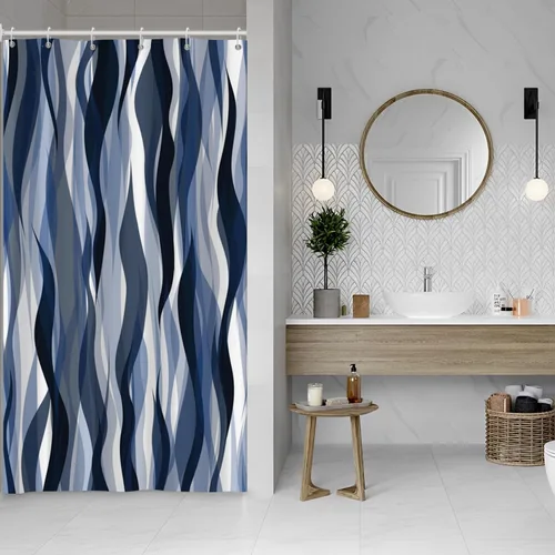 Vista 7 de Cortina de ducha moderna de rayas abstractas negras, blancas y grises, cortina de ducha para decoración de baño geométrica, impermeable, decorativa
