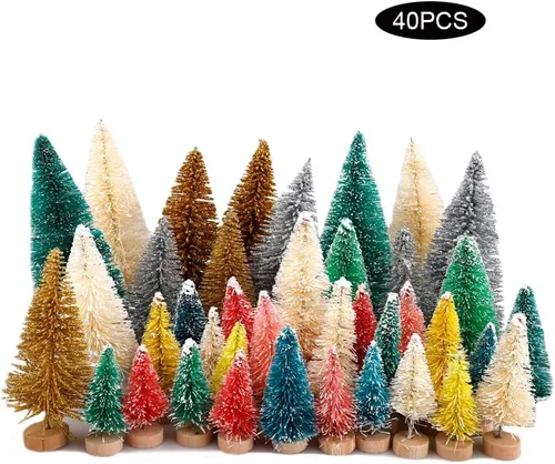Vista 6 de 40 mini árbol de Navidad, mini árboles de sisal multicolor, árboles de cepillo para botellas, mini árboles artificiales con base de madera, árboles
