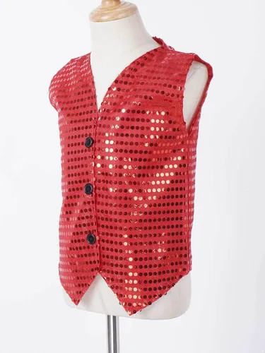 Vista 4 de TiaoBug Chaleco de lentejuelas para niños y niñas, chaleco de fiesta de coro, chaqueta de hip hop, jazz, danza callejera, camiseta con sombrero