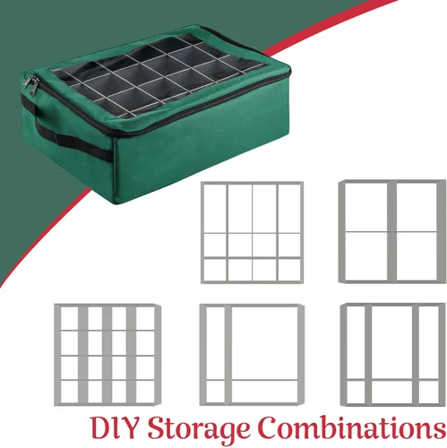 Vista 4 de Caja de almacenamiento para adornos - Organizador con cremallera con 48 compartimentos individuales y divisores para bombillas y decoraciones Verde
