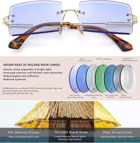 Vista 5 de NULOOQ Gafas de sol rectangulares sin montura para mujeres y hombres, Y2K sin marco, lentes de sol teñidas y gruesas degradadas