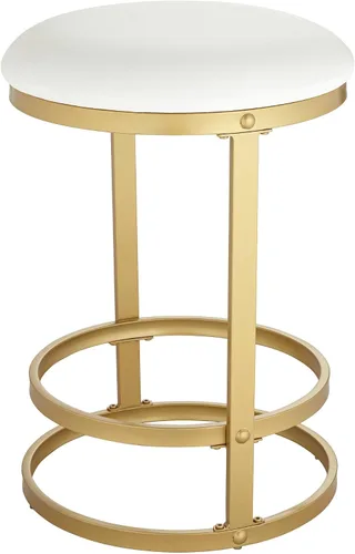 Vista 8 de 55 Downing Street Palmer Taburete de bar de metal dorado de 26 pulgadas de alto, cojín tapizado de tela blanca moderna con reposapiés para cocina