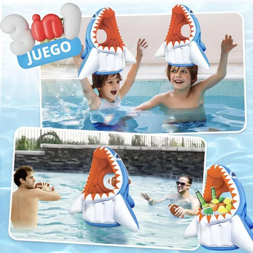 Vista 2 de iPlay, iLearn Juguete inflable 3 en 1 de piscina de tiburón para niños, juego de piscina inflable de baloncesto y fútbol, juego de lanzamiento