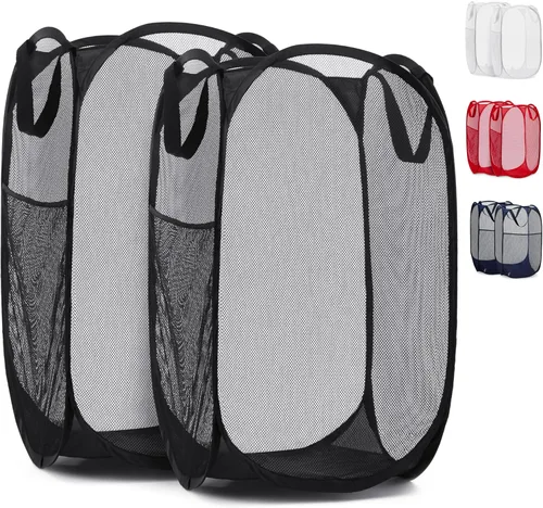 Vista 21 de Handy Laundry - Cesta de lavandería plegable de malla emergente con abertura ancha y bolsillo lateral - Diseño transpirable, resistente, plegable