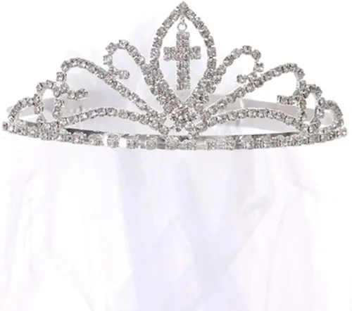 Vista 2 de Niña de las flores primera Comunión velo dos capas de tul y Tiara Conecte el estilo # 107