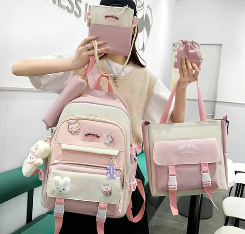 Vista 2 de Juego de 5 mochilas kawaii lindas con alfileres colgantes de oso, suministros de regreso a clases, bolsa escolar de lona de anime, Rosado, Mochilas