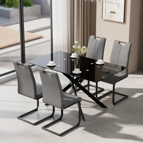 Vista 11 de Juego de mesa de comedor de 5 piezas para 4, mesa rectangular moderna de cristal con 4 sillas tapizadas de cuero, juegos de mesa y sillas de comedor