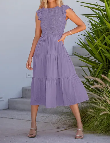Vista 8 de MEROKEETY - Vestido midi fruncido de manga corta para mujer, vestido de verano casual, acampanado, con cintura elástica y escalonado