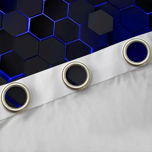 Vista 5 de Cortinas opacas negras de panal de abeja con luces de neón azul real, tratamientos de ventana con estampado geométrico hexagonal, decoración
