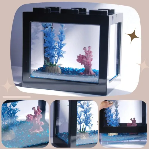 Vista 6 de Pequeño tanque de peces Betta, mini tanque apilable de pecera, kit de tanque de acuario rectangular de 3/5 galones con decoración de grava