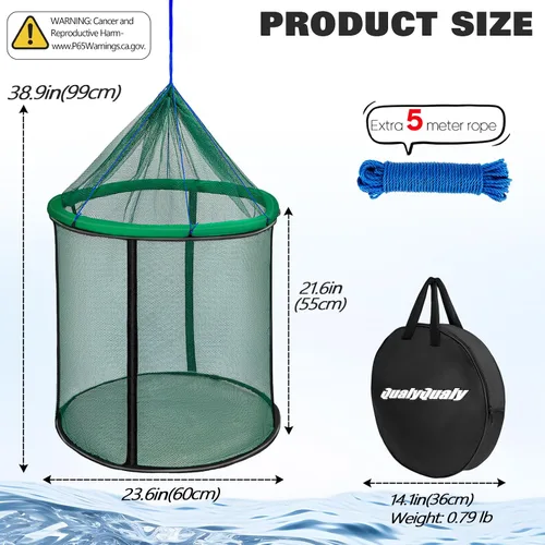 Vista 7 de QualyQualy Floating Fish Basket 41/73 Gallons Extra Large for Live Caught, Fully Foldable Fishing Net Holder for Bait Live Well Collapsible Mesh