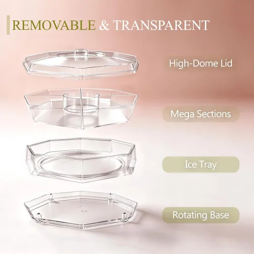 Vista 6 de 5 compartimentos para servir hielo Lazy Susan, plato de cóctel de camarones divididos con tapa, plato de plástico para tacos, bandeja fría