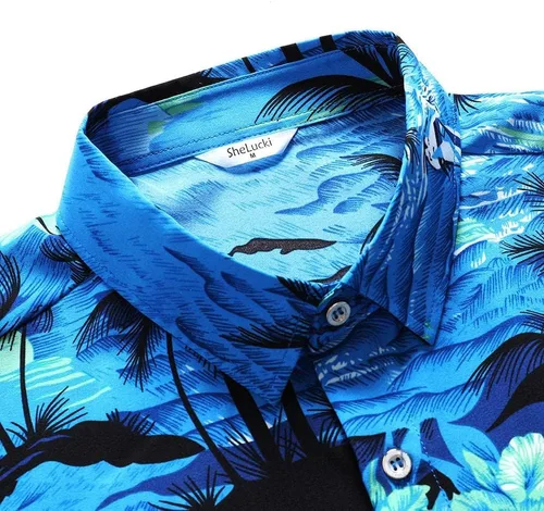 Vista 5 de SheLucki - Camisa hawaiana para hombre, unisex, estilo informal, manga corta, con botones y estampado de sombra de palmeras, para el verano
