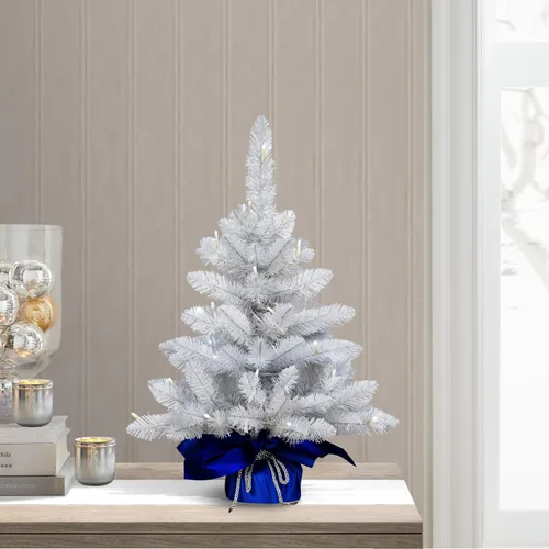 Vista 4 de Puleo International Árbol de Navidad artificial preiluminado de 2 pies con 35 luces en saco azul, blanco