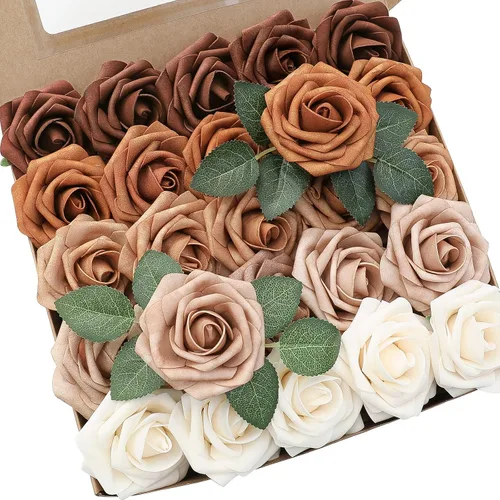 Vista 19 de Floroom Flores artificiales, 25 piezas de rosas falsas de espuma de color verde azulado de aspecto real con tallos para bricolaje, ramos de boda