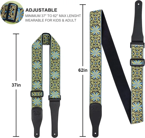 Vista 4 de Correa de guitarra, correas de algodón bordado jacquard con extremos de cuero genuino correa de hombro para bajo, acústico, guitarra eléctrica