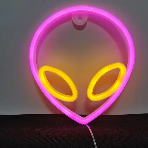 Vista 14 de Letrero de neón con cabeza de alienígena, 1 unidad, luz de neón de alienígena verde y morado, USB o 3 pilas AA, divertido letrero de neón iluminado