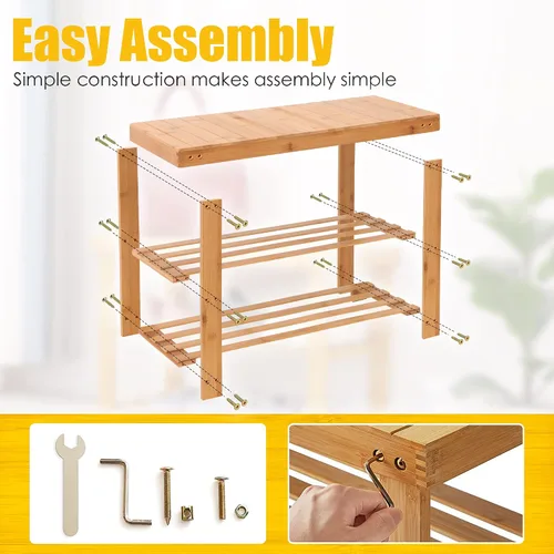 Vista 7 de Estante para zapatos, organizador de zapatos de bambú de 3 niveles, estante de almacenamiento para zapatos, banco de entrada, soporta hasta 300
