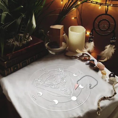 Vista 4 de AHANDMAKER Juego de tablas de péndulo de bruja acrílica, 2 estilos, planchette de radiestesia metafísico con collar de péndulo de cristal para altar