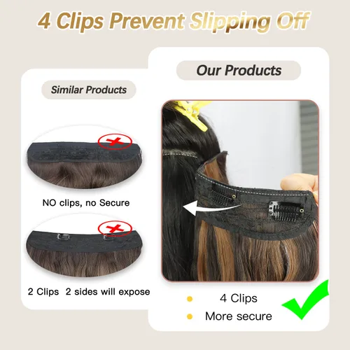Vista 4 de Extensiones de cabello largo ondulado rubio miel con reflejos, línea de pescado transparente, postizo sintético con 4 clips de seguridad, diadema