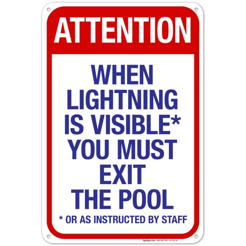 Vista 36 de Letrero con texto en inglés "Attention When Lightning is Visible You Must Exit The Pool - Letrero de piscina, 10 x 14 pulgadas, libre de óxido