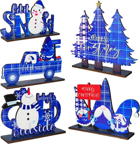 Vista 7 de NEROSUN 5 piezas de decoraciones de centro de mesa navideñas, letreros de decoración de mesa de madera de muñeco de nieve navideño, Papá Noel