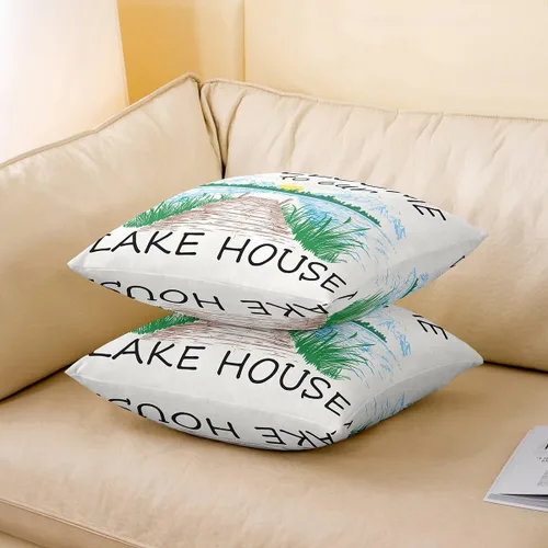 Vista 3 de Lake House - Fundas de cojín dibujadas a mano con paisaje de lago y montaña para niñas, niños y adultos, decoración de sofá, decoración rústica