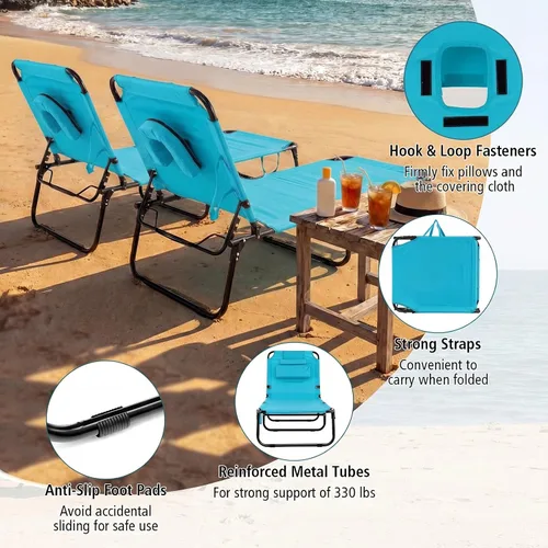 Vista 6 de GYMAX Silla de bronceado, silla de playa de 350 libras con agujero para la cara, almohada lavable y correa de transporte, tumbona plegable Ártico