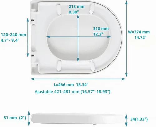 Vista 10 de Asiento de inodoro en forma de D/U, cierre suave y liberación rápida para facilitar la limpieza, diseño de bisagra estable para evitar que se mueva.