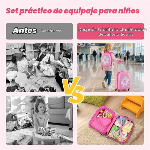 Vista 9 de GYMAX Juego de equipaje de mano para niños, maleta con ruedas de 12 y 16 pulgadas, 2 piezas Pony Corona