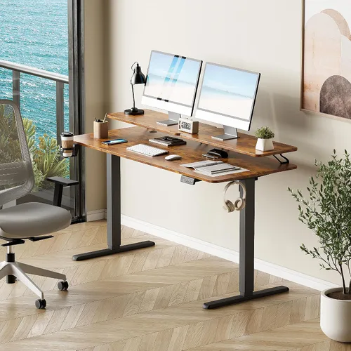 Vista 7 de Furmax Escritorio eléctrico de pie con monitor y estación de trabajo para laptop, escritorio de pie ajustable de 55 x 24 pulgadas, estación