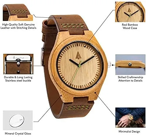Vista 3 de Treehut - Reloj de pulsera analógico para hombres, de madera con correa de piel auténtica, estilo elegante.