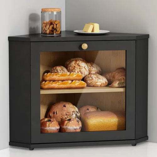 Vista 8 de Goozii Panera de Bambú de Esquina para Encimera de Cocina, Panera de Madera Redonda de 2 Niveles, Contenedor de Almacenamiento de Pan Estilo Granja
