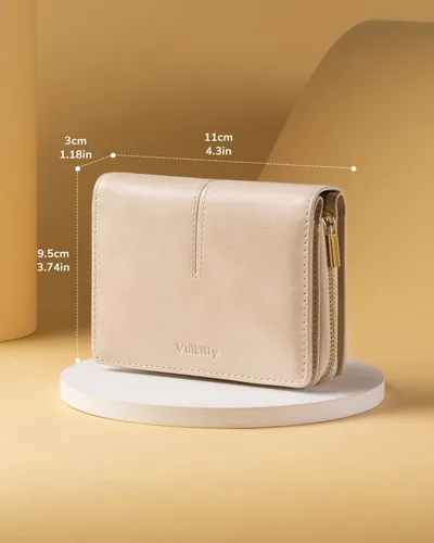Vista 6 de Vulkitty Cartera pequeña para mujer, tarjetero de cuero plegable con bloqueo RFID y bolsillo para monedas, doble ventana de identificación