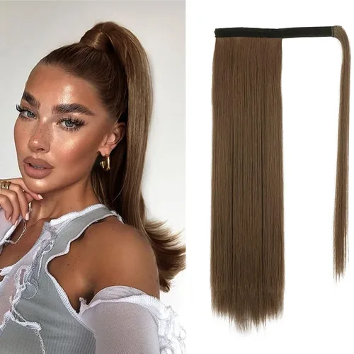 Vista 45 de BARSDAR Extensión de Cola de Caballo Corta y Recta - Extensiones de Cabello de Cola de Caballo con Cordón de 14 Pulgadas en Negro para Mujeres