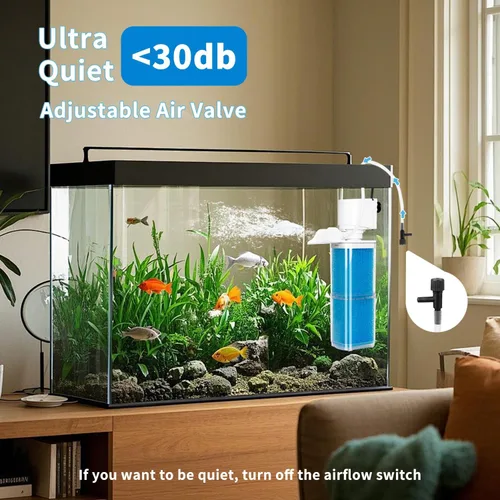 Vista 7 de Filtro de acuario 4 en 1, filtros de tanque de peces de filtración de 2 etapas, filtro sumergible ultra silencioso con ondas de oxigenación