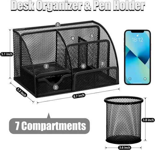 Vista 2 de SYMDROMIA Juego de organizador de escritorio de oficina 13 en 1 con engrapadora y dispensador de cinta, soporte para bolígrafos, tijeras, regla