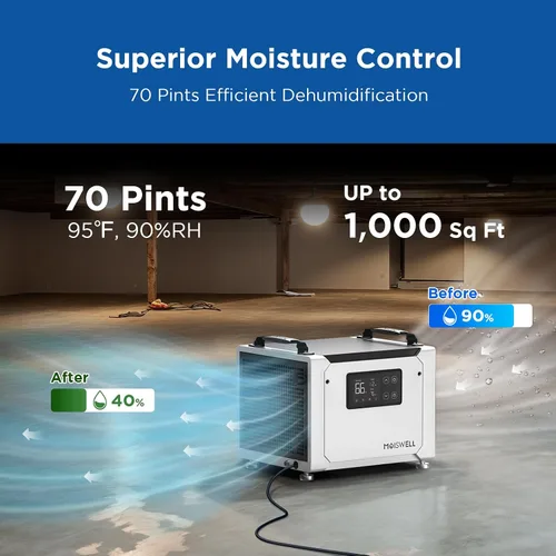 Vista 2 de Deshumidificador comercial de 70 pintas con manguera de drenaje, deshumidificadores compactos para sótano y hogar, certificado Energy Star