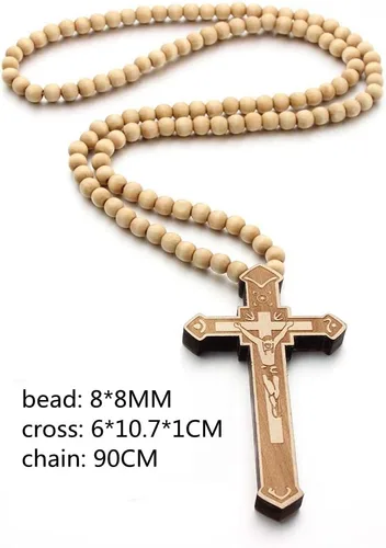 Vista 4 de COLORFUL BLING Cadenas de cuentas de madera natural, collares con colgante de cruz para hombres y mujeres, cristiano, religioso, católico, crucifijo