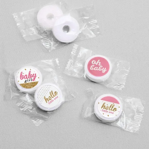 Vista 3 de Big Dot of Happiness Hello Little One - Calcomanías redondas para fiesta de baby shower, color rosa y dorado, para fiesta de baby shower