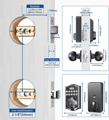 Vista 5 de Cerradura de puerta de entrada sin llave con 2 perillas, cerrojo electrónico retroiluminado con asa, bloqueo automático, códigos únicos, cerrojo