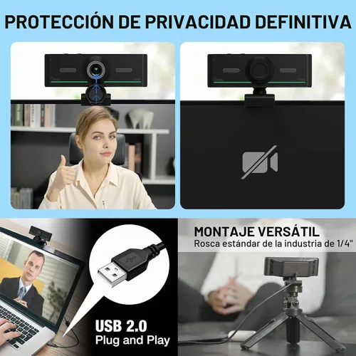 Vista 8 de Gsou - Cámara web 1080P con micrófono para escritorio, corrección automática de luz, cubierta de privacidad, cámara web de computadora, conexión