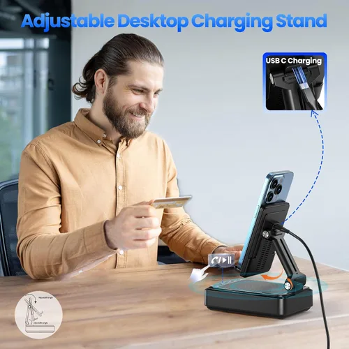 Vista 6 de Jteman Soporte para teléfono celular con altavoz Bluetooth y cargador inalámbrico, soporte de estación de carga de escritorio con altavoz