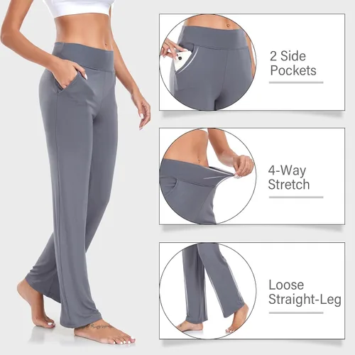 Vista 6 de ADANIKI Pantalones de yoga para mujer con bolsillos, pantalones de cintura alta con corte de bota y pierna recta para mujer, pantalones deportivos