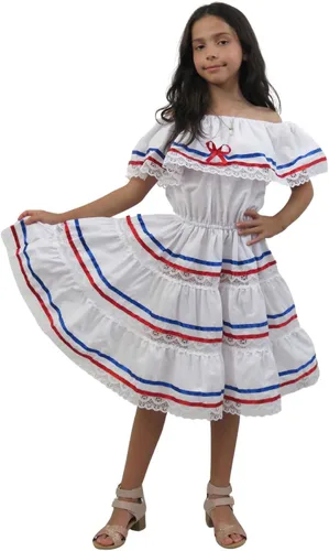 Vista 4 de Vestido de cintas étnicas rojo, azul y blanco cubano, domincano, puertorriqueño