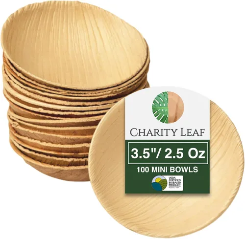 Vista 10 de Charity Leaf Mini tazón redondo de hoja de palma desechable de 3.5 pulgadas (25 piezas) Como bambú Todo natural y biodegradable Tablas