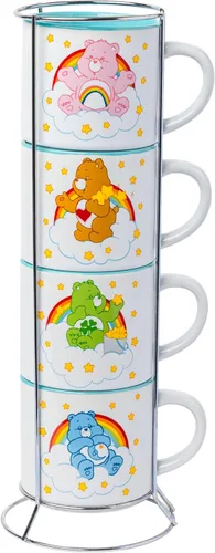 Vista 2 de Silver Buffalo Care Bears - Juego de tazas de cerámica con logotipo de corazón arcoíris, 4 unidades, 10 onzas