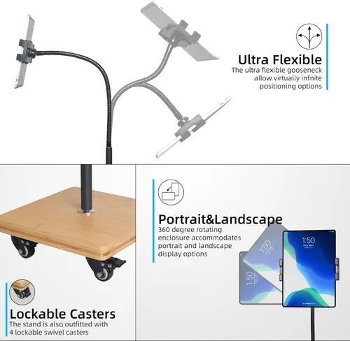 Vista 7 de wishacc Soporte de Piso para Tableta para Cama - Soporte de Tableta con Cuello de Cisne con Altura Ajustable y 4 Ruedas, Compatible con iPad mini
