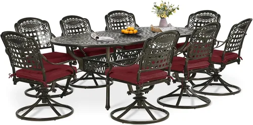 Vista 12 de Juego de comedor de patio de 9 piezas, mesa y sillas de patio al aire libre, mesa de comedor ovalada de aluminio fundido de 84 pulgadas con agujero