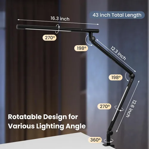 Vista 4 de Lámpara de escritorio LED con abrazadera, luz de escritorio de arquitecto de doble luz de 18 W, interruptor de sensor de luz RGB con brazo oscilante